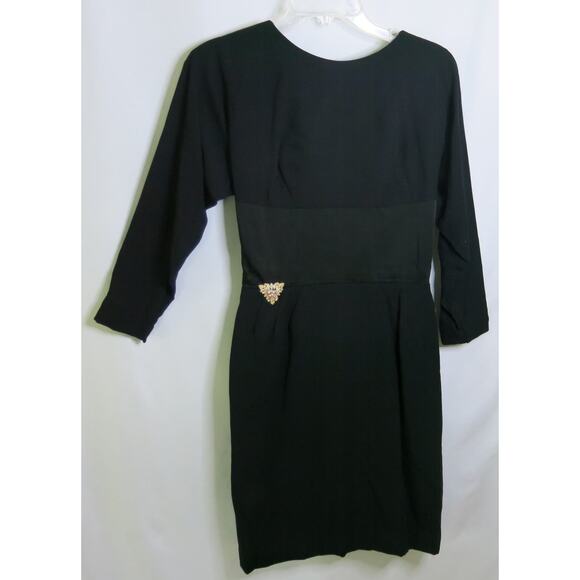 VINTAGE 1960/70 Cocktail Little Black Dress Back Bow Size 11* Brooch Glam Formal